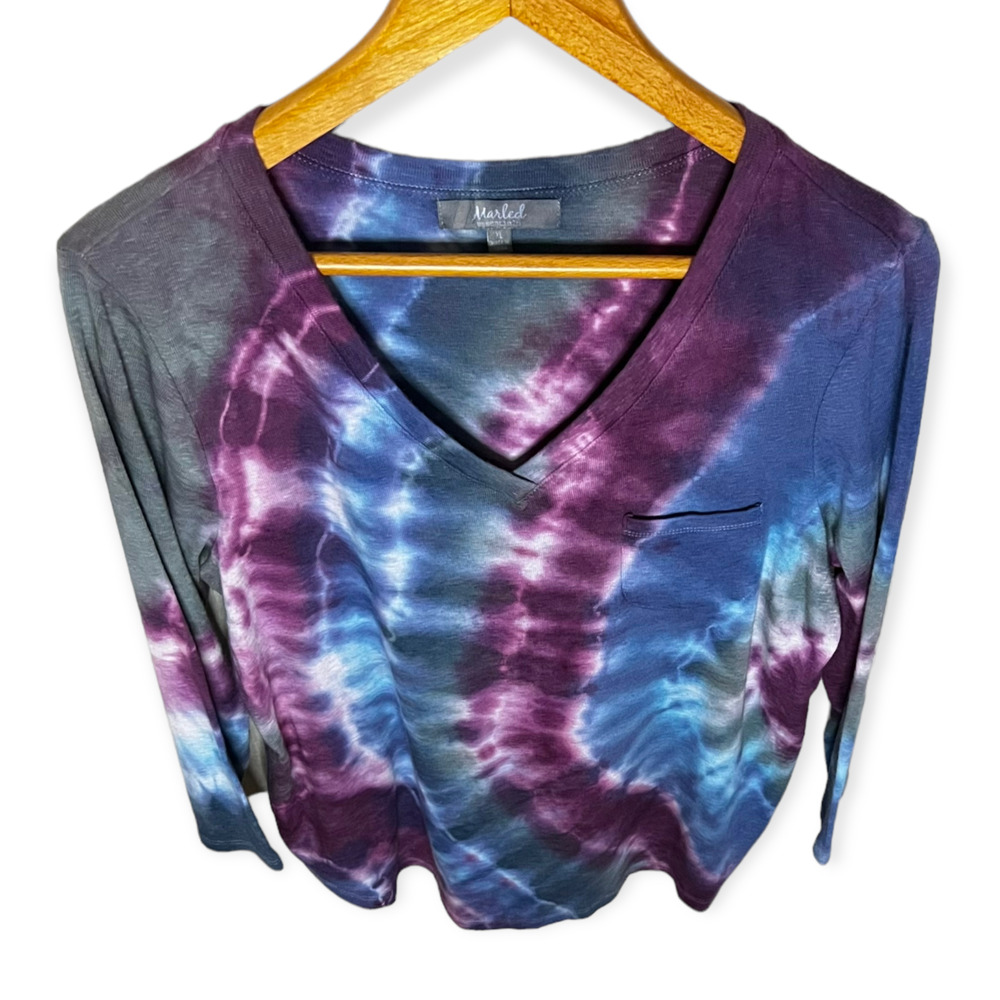 Re-Worked Hand Tie Dyed Purple, Blue, Grey Marled Essentials Women's Top Size XL - Picture 5 of 16